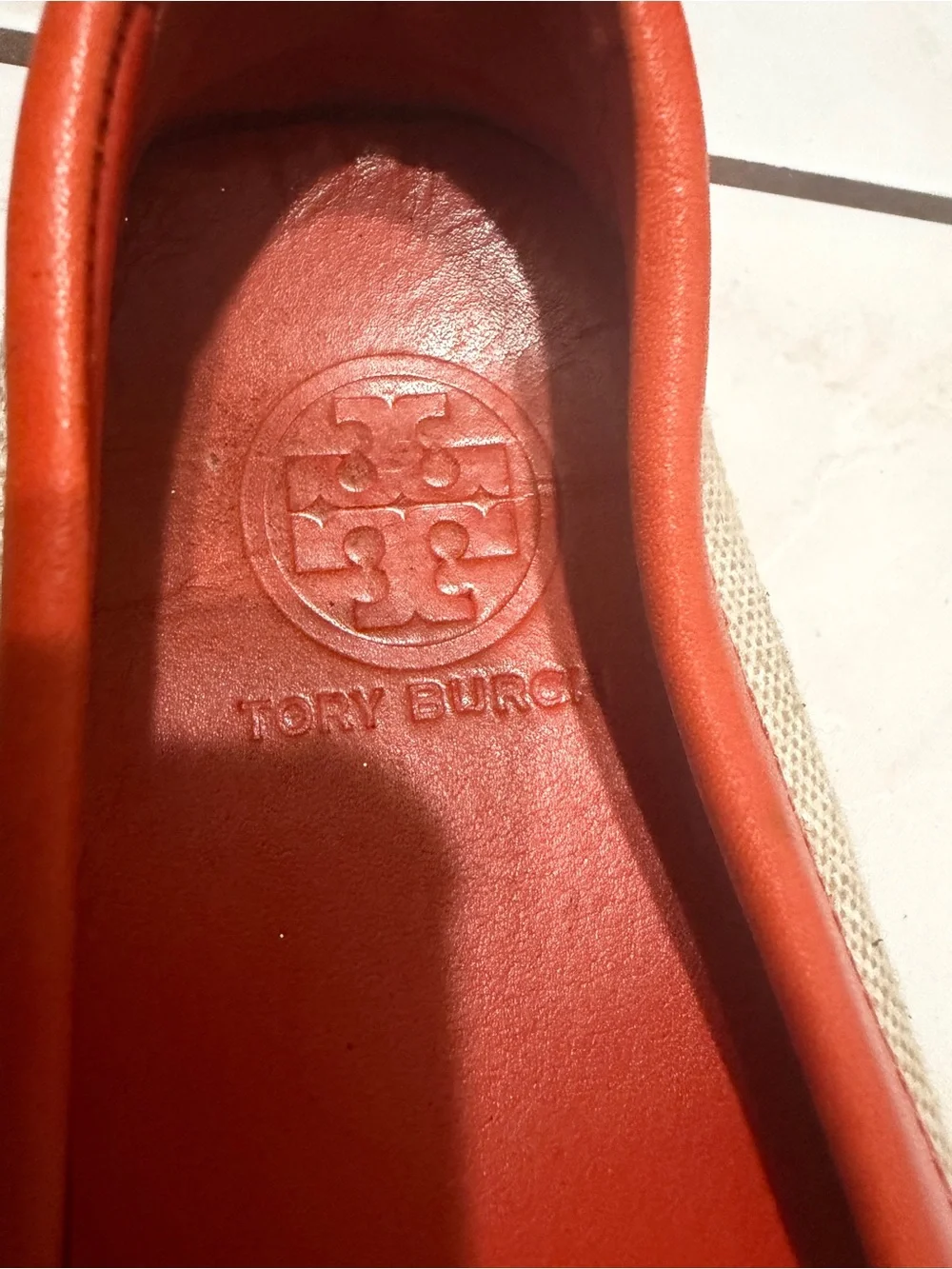 Tory Burch Beige Canvas & Orange Leather Slip-On Loafers